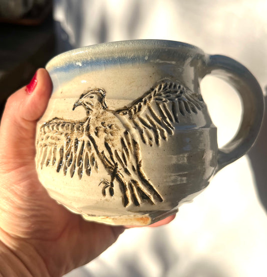 Storytelling Mug: Carved Hawk Taking Flight to the Sun