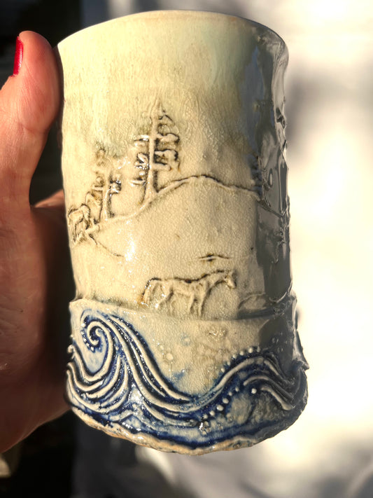 Storytelling Mug: Horses and Birds Playing in Mendocino Coastal Waves and Hills