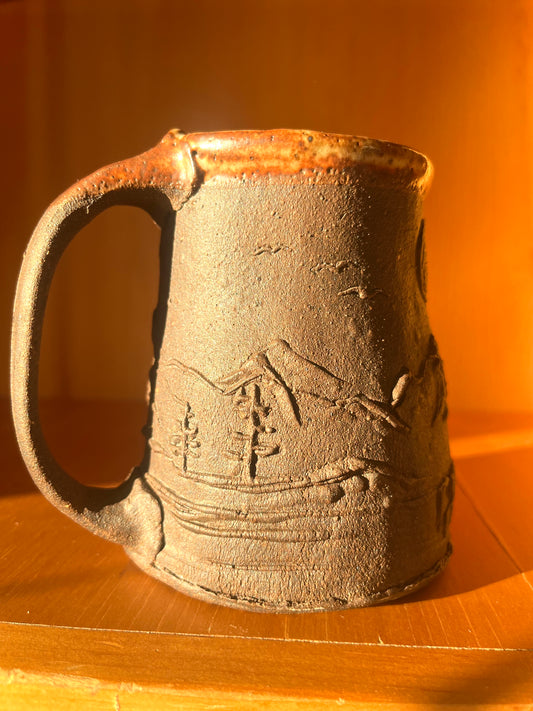 Storytelling Mug: Dark Horse in Sierra Nevada Mountains by Sunlight and Moonlight