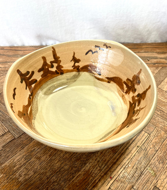 Storytelling Small Serving Bowl: Mendocino Hills Under a Sun with Trees and Birds