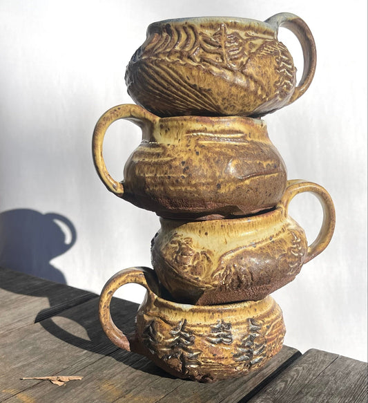 Mountain Mug(s): Low and Wide with Faceted Land, Carved Trees, Horses, and Sky