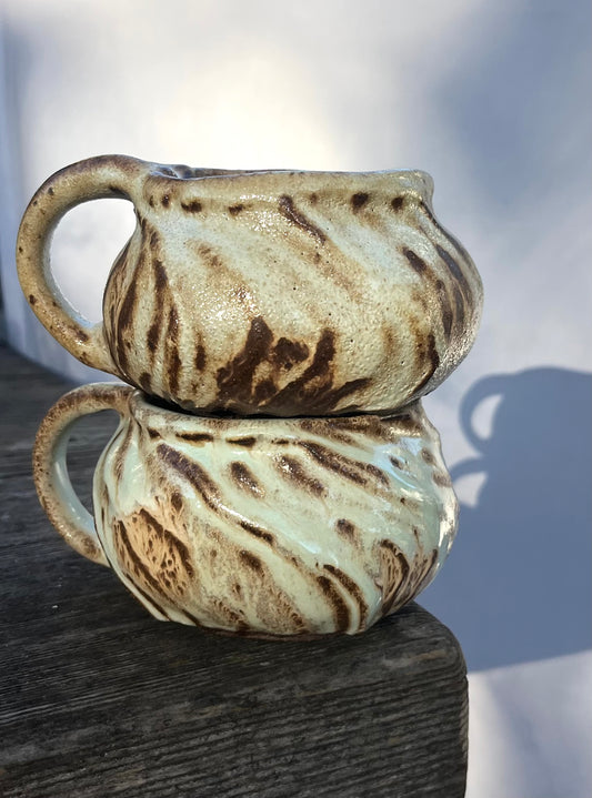 Seedpod Mugs (Pair): Round-Bellied with Light and Dark Pod Lines