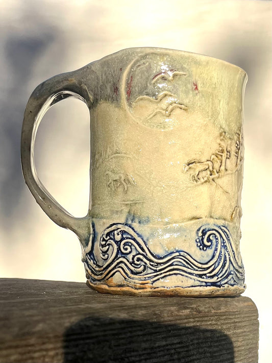 Storytelling Mug: Horses and Birds Playing in Mendocino Coastal Waves and Hills