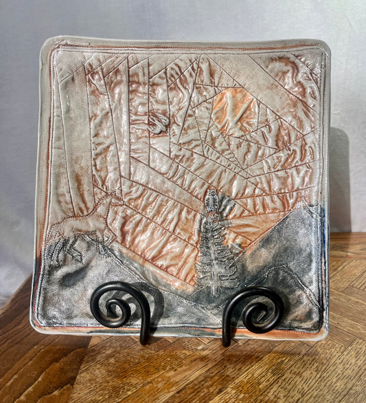 Storytelling Platter: White Horse and Owl in Mountains Under Crazy Quilted Sun