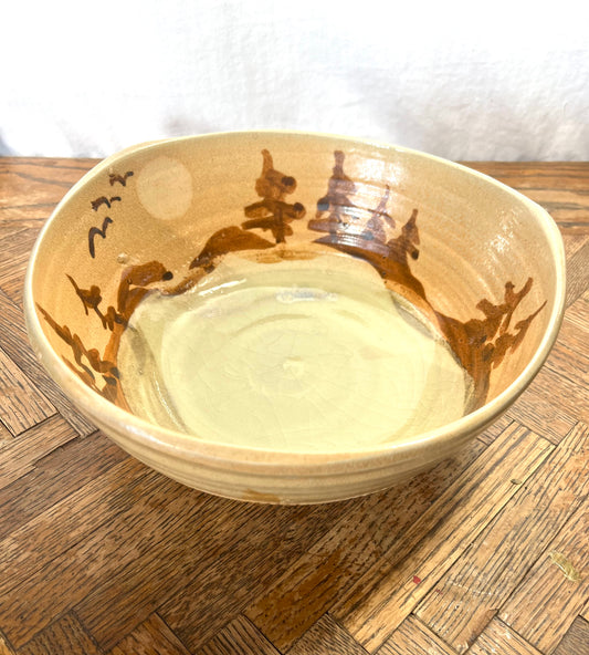 Storytelling Small Serving Bowl: Mendocino Hills Under a Sun with Trees and Birds